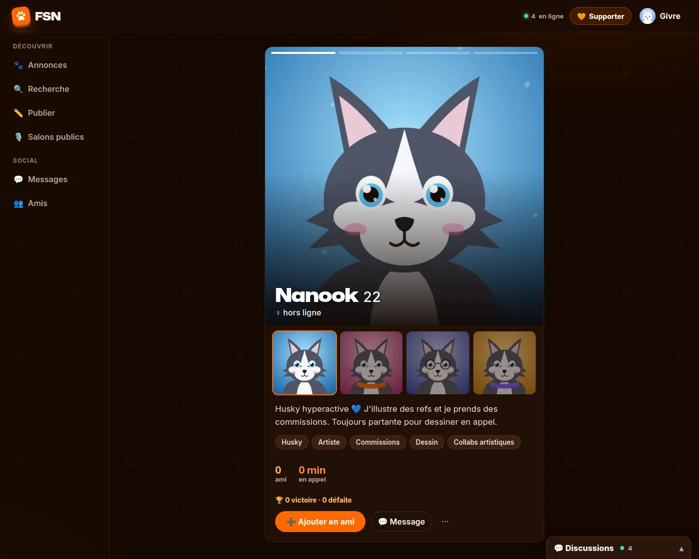 Un profil furry façon carte, avec photos et bio